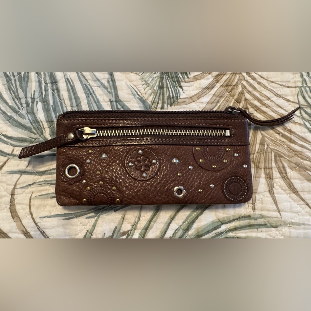 Fossil Brown Leather Wristlet Wallet with Embellishments